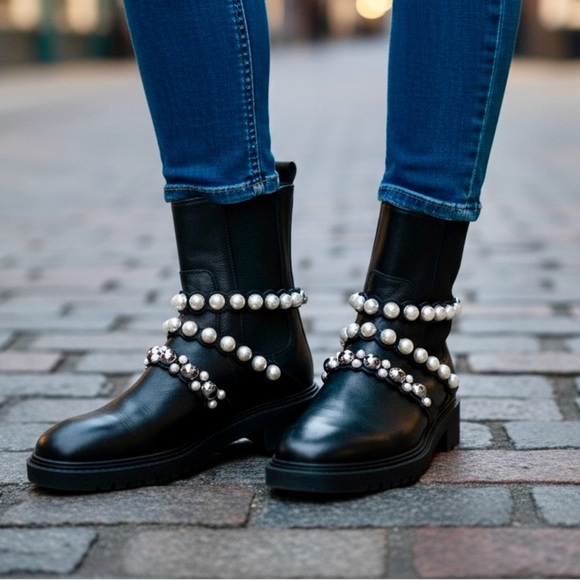 ZARA Size 38 US 8 Black Ankle Boots Pearls Studs R $178 - Picture 1 of 11